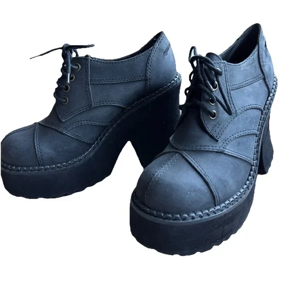 90S Deadstock Leather Platform Oxford Shoes SZ 8 BatWing Chunky Whimsigoth Y2K - Picture 2 of 9